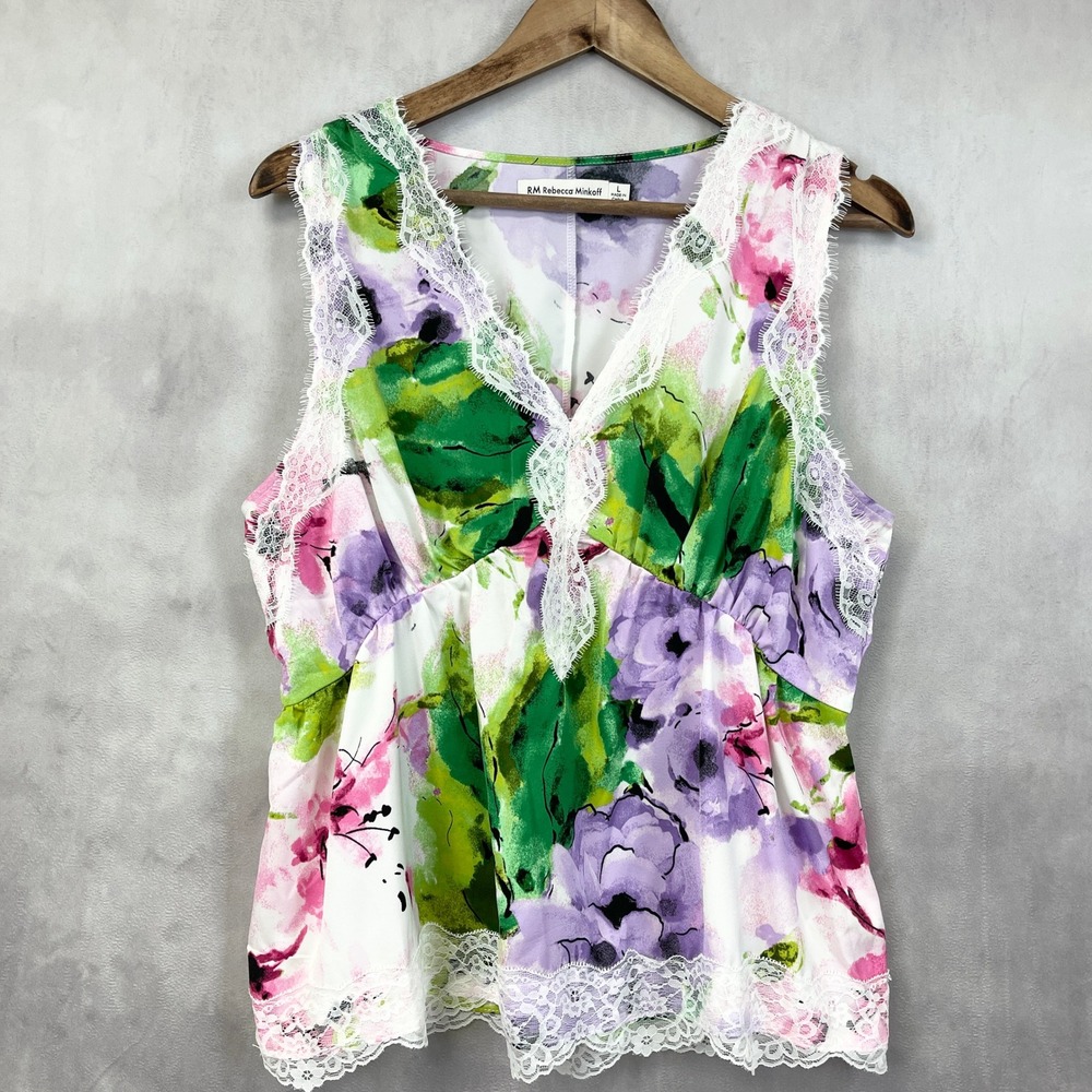 Rebecca Minkoff Women L Floral Lace Babydoll Top Watercolor Romantic Cottage Y2K